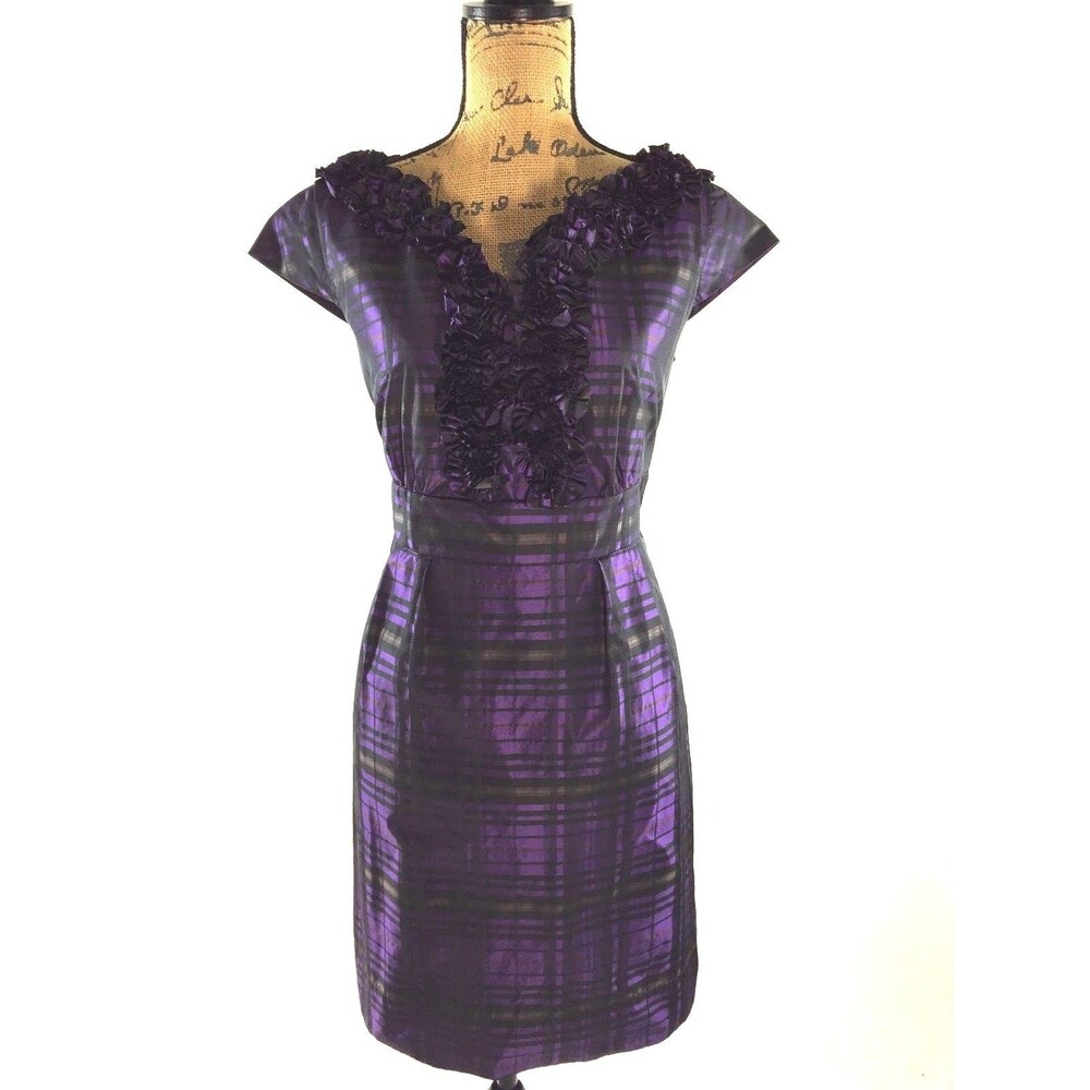 Jessica Howard Dress 12 Black Purpleβ Plaid Rosette Detail V Neck Business Party